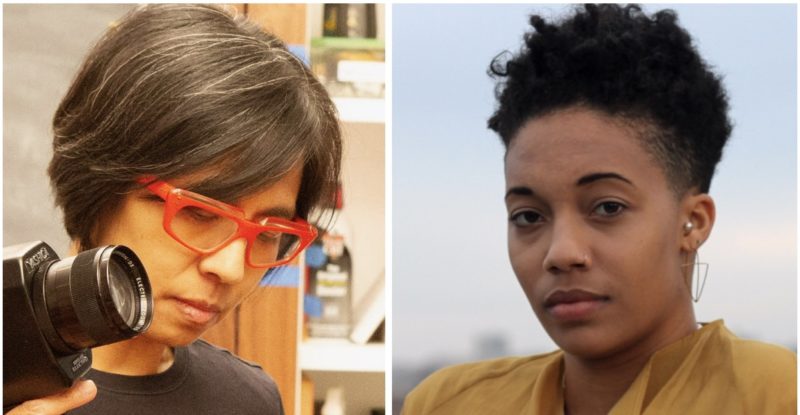 Two photographs side by side. Left photograph: A gender nonconforming Taiwanese woman with salt and pepper hair and red glasses is holding a Super 8 camera in her right hand. Her head is angled and she looks downward, listening to an off screen sound recording. Right photograph: A cis, Black American/Dominican woman with short, curly hair looks directly at the camera. She is shown in a partial profile, wearing a yellow top and a neutral expression. 