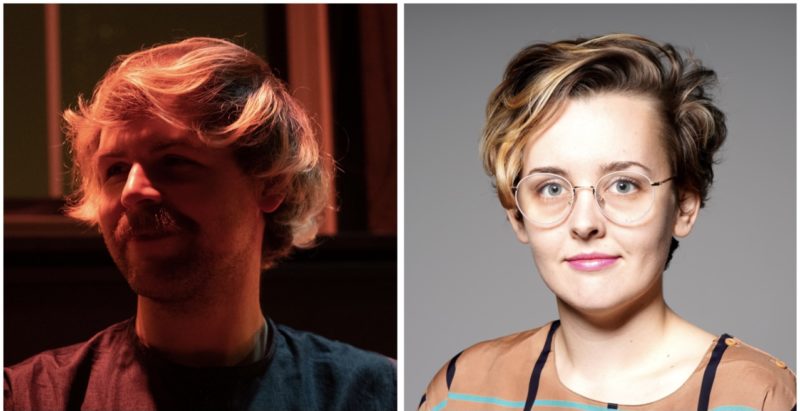Two side by side portraits. On the left: Jordan Lord, a white person with flowy blonde hair and a mustache smiles at someone off-camera. They’re wearing a collarless denim shirt, sitting on a couch in a room, lit by dim, warm light. On the right: Emily Watlington, a white woman with glasses, short blond and brown hair, and a brown shirt against a fading grey background.