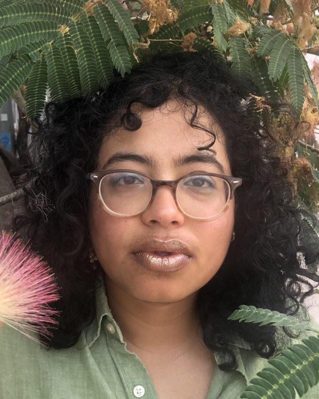 A brown-skinned person, with green eyeliner on their eyes and a curious facial expression and two curly hair strands frame their face, stands in the middle of a Mimosa flower tree as they fall in the foreground of the person. They are wearing deep brown glasses and an open collar light grass green shirt.