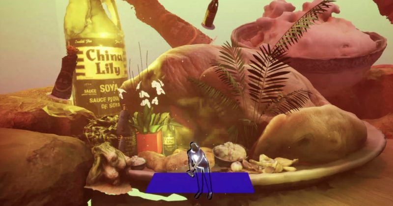 A digital collage of a close-up of chicken and other ingredients. It is mostly orange. On the bottom middle of the screen is a transluscent avatar standing in front of a deep blue table.