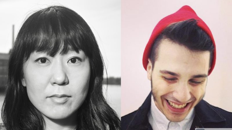 Two photographs, side by side. On the left: A black and white photograph of Hanae Utamura, a woman with shoulder length black hair, who is looking directly into the camera lens. On the right, Jacob Nelsen-Epstein, who is wearing a red hat, and is looking downward, smiling.