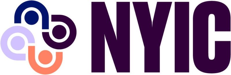 A blue, violet, brown and orange circular logo of the New York Immigration CoalitionIC