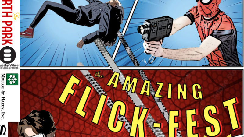 A comic strip like image with Spiderman holding a camera. The words Amazing Flick-Fest are overlaid on it.