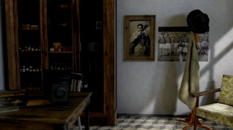 Deniz Tortum, September 1955 (2016). A sun dappled room with a cabinet full of photography film. Two pictures are hanging on the wall; one of a person with a camera, the other of a soccer team lined up. A coat and fedora hang in the corner by a comfortable chair.