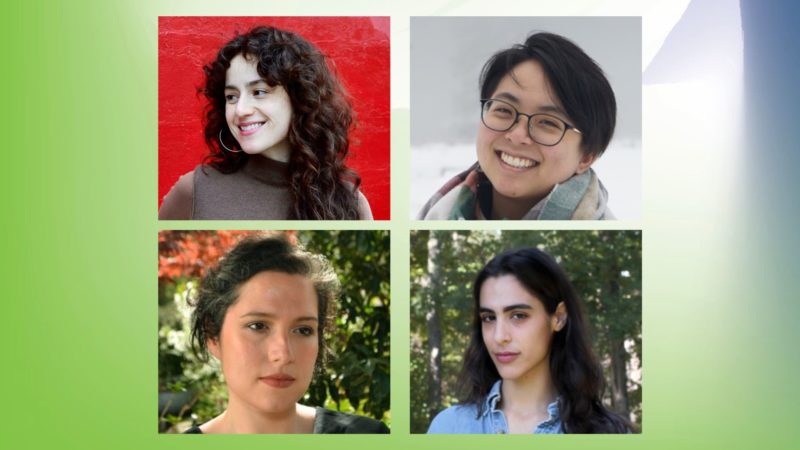 Four photographs against a graphic background. Left to right and top to bottom are: a portrait of Dena Kopolovich, gazing off to the left and smiling, wearing a light brown turtleneck, with curly long auburn hair that is styled down. The background is a brick wall painted two different shades of red; A close up of Elenie Chung, a young woman of East Asian descent wearing glasses and with short black hair. She is wearing a green and pink checkered wool scarf; Laura Jaramillo, a woman in a black dress stares off to the right of the frame. There are trees and foliage behind her; and Miranda Javid, a femme iranian woman in her mid-thirties stands in front of lush trees.