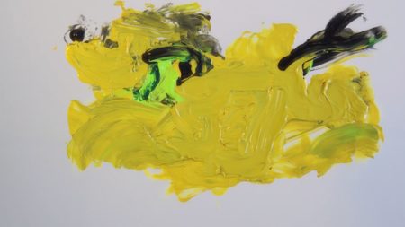 Hannah Hamalian, The Golden Age. Yellow, green, and black paint is smeared into an abstracted version of a familiar cartoon dog character.