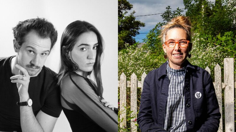 Two photographs side by side: Ahmed Ragheb and Lily Ekimian Ragheb sitting side by side in a black and white photograph. Kathryn Ramey, a white woman in her 50’s with long gray blond hair in a bun wearing a black and white plaid mock turtle-neck blouse and a black cotton blazer and pink glasses sits smiling facing the camera in front of a white picket fence with green trees and blue sky in the background. This photo was taken at Camden Film Festival. 