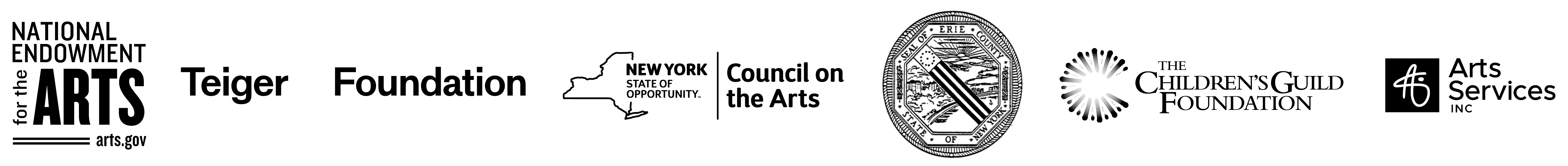 The logos of the National Endowment for the Arts, Teiger Foundation, New York State Council on the Arts, Erie County, The Children's Guild Foundation, and Arts Services Inc.