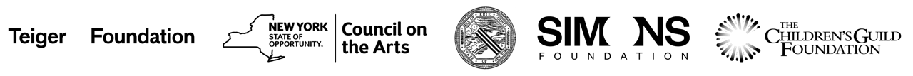 The logos of  Teiger Foundation, New York State Council on the Arts, Erie County, Simons Foundation, and The Children's Guild Foundation.