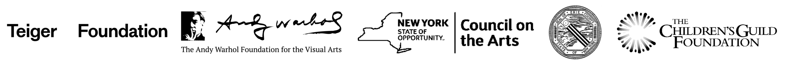 The logos of Teiger Foundation, The Andy Warhol Foundation for the Visual Arts, The New York State Council on the Arts, the seal of Erie County, and the logo of the Children's Guild Foundation.
