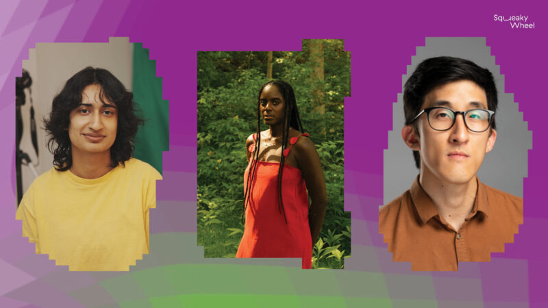 A digital image with the photographs of three people, left to right: Ajunie Virk sitting in front of camera equipment, a laptop, and a green screen; Arielle Knight in a red dress in a green field; and Jason Rhee, A Korean American man with a neutral expression wearing dark orange dress shirt and black glasses with a grey background.