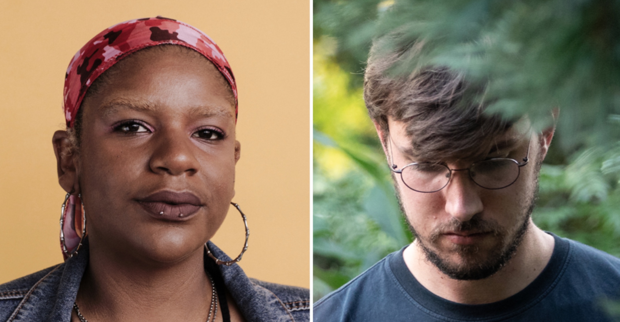 Two photographs side by side. On the left is Muse Dodd, a brown skinned, Black, non-binary person with blonde eyebrows, wears a red camo durag while gazing at the camera and stands in front of a mustard backdrop. Their photograph is by Landon Spears. On the right is a photograph of Rob Cosgrove, looking down surrounded by trees.