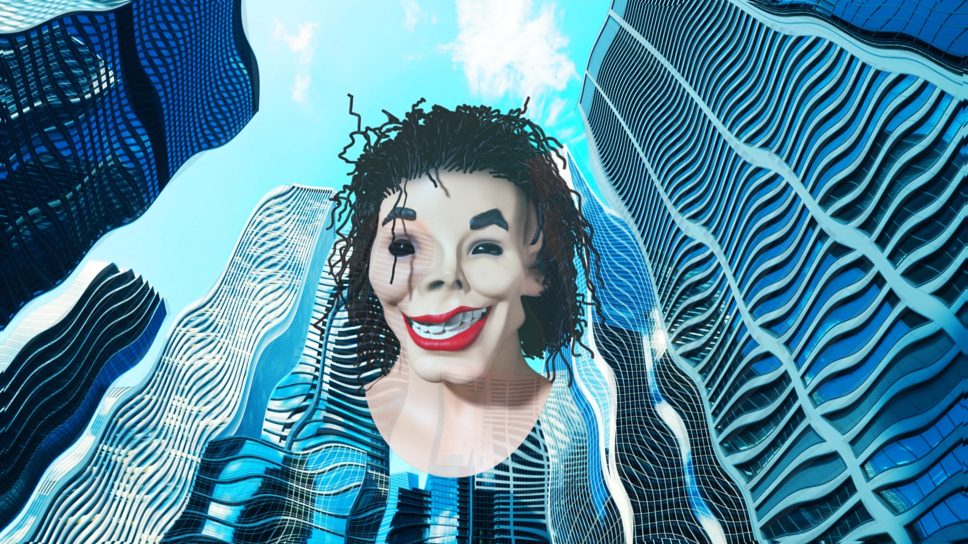 A floating, plastic, seemingly smiling mask of Michael Jackson with pitch black eyes is super-imposed on a distorted landscape of futuristic blue skyscrapers.