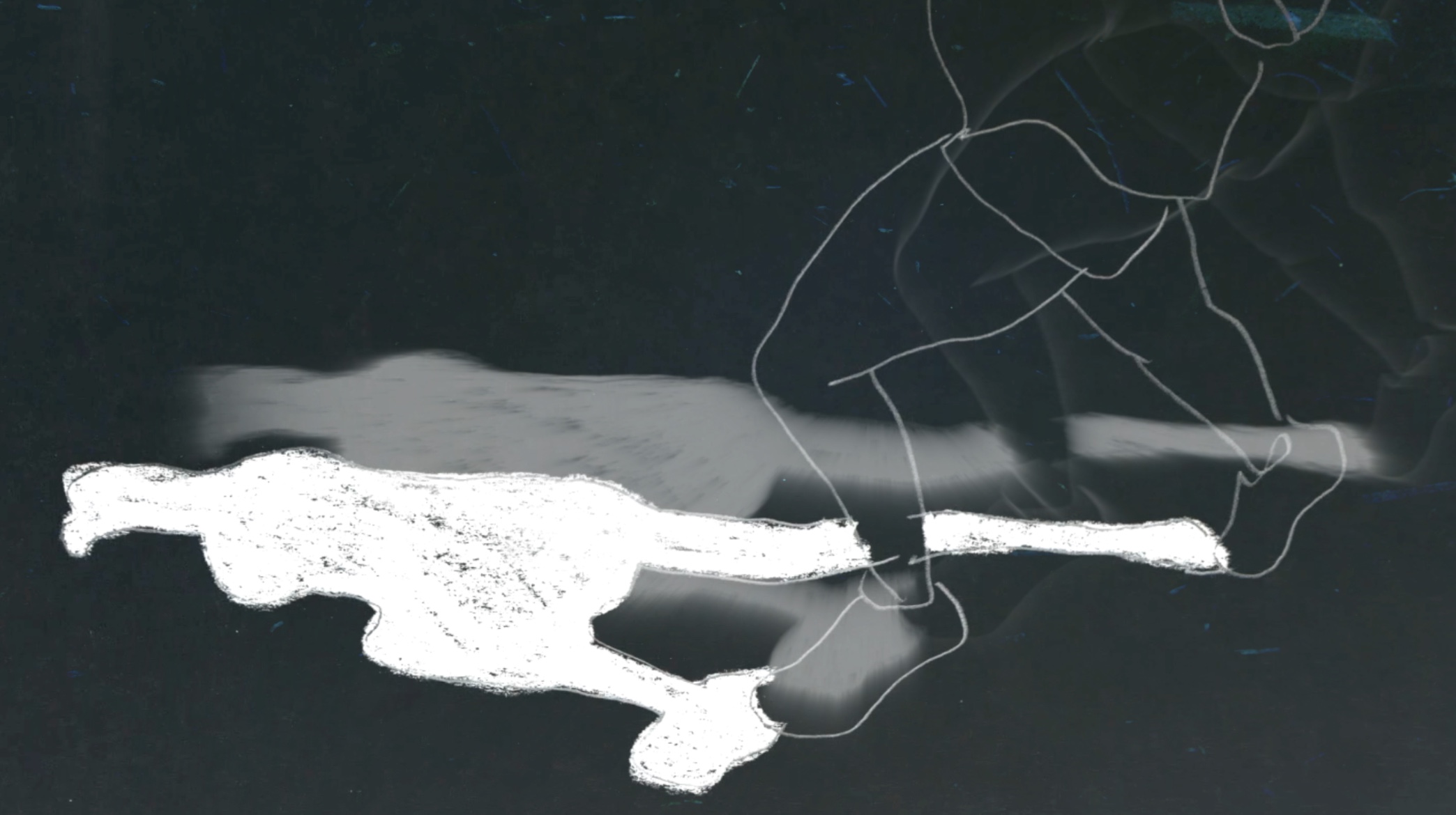 An image from Lynn Kim's animation Conduit. A traced image of a person moving over a black backdrop. An abstract white shadow falls on the floor.