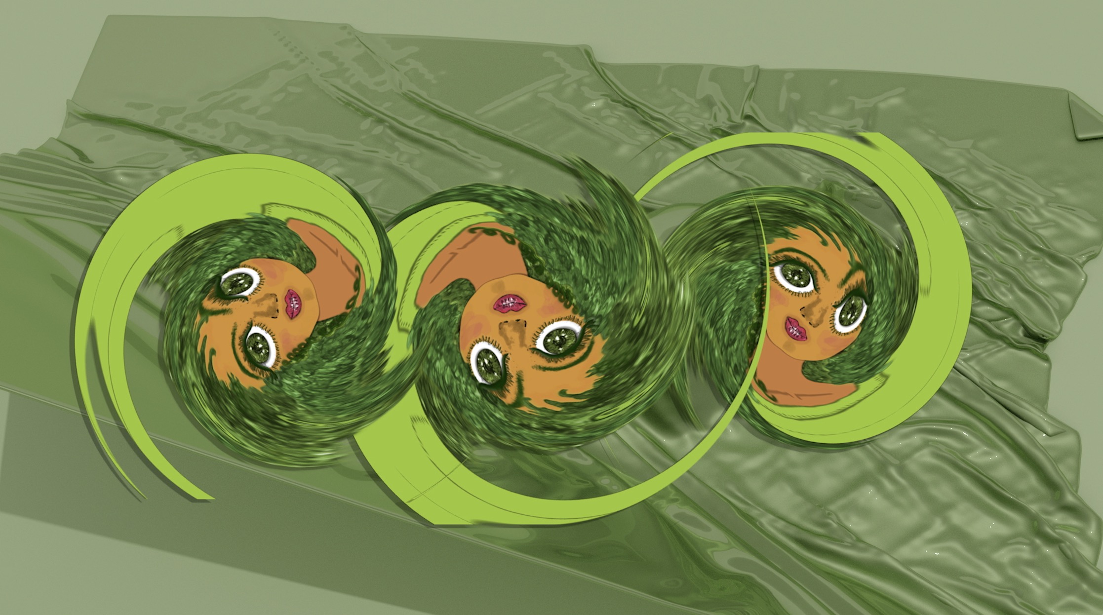 hiba ali, in the cyclone (rough as silk). Three green curly haired beings, with brown skin and tan highlights, big green eyes, round nose, pink lips, are swirling in three separate spirals on top of a shiny green silk fabric with ripples in the background.