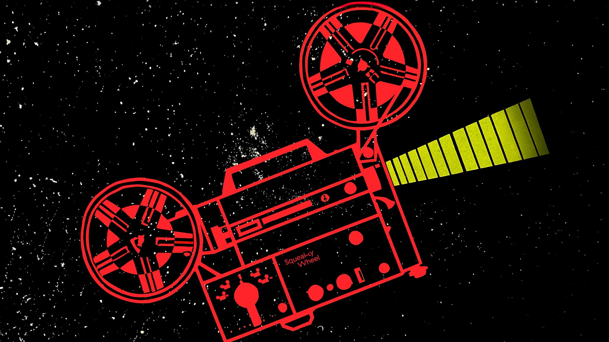 An illustration of a red film projector against a starry backdrop.
