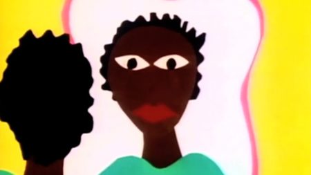 Ayoka Chenzira, Hairpiece: A Film for Nappy Headed People. A drawing of a Black person looking at themselves in the mirror.