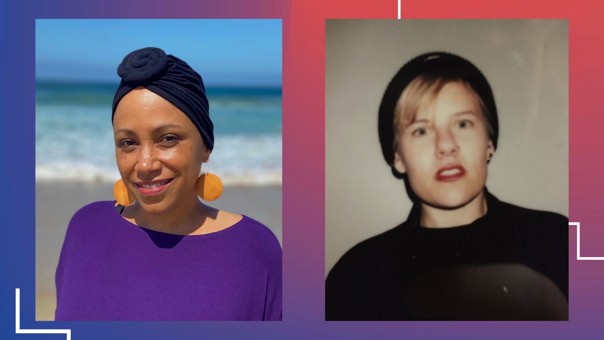 Portraits of Alicia Solstice Hawkins and Maggie Hazen superimposed on a blue red backgrop. Alicia Solstice Hawkins is standing on a beach in her photograph. Next to her is a portrait of Maggie Hazen, a white queer person from Southern California. She has blonde hair and is wearing a black beanie hat and a black sweater. She is candidly looking into the camera with a curious gaze.