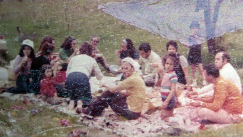 A still from Echolocations by Nadia Shihab. an extended intergenerational family picnics in the Iraqi countryside while a half opaque blanket floats above.