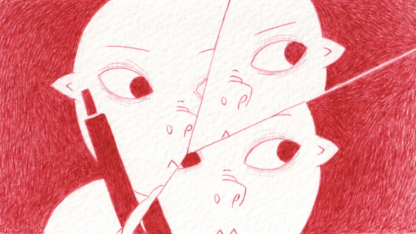 A red and white still from the film Trace by Asparuh Petrov. Three hand drawn faces looking to the right; their faces are intercut with lines like a comic strip.