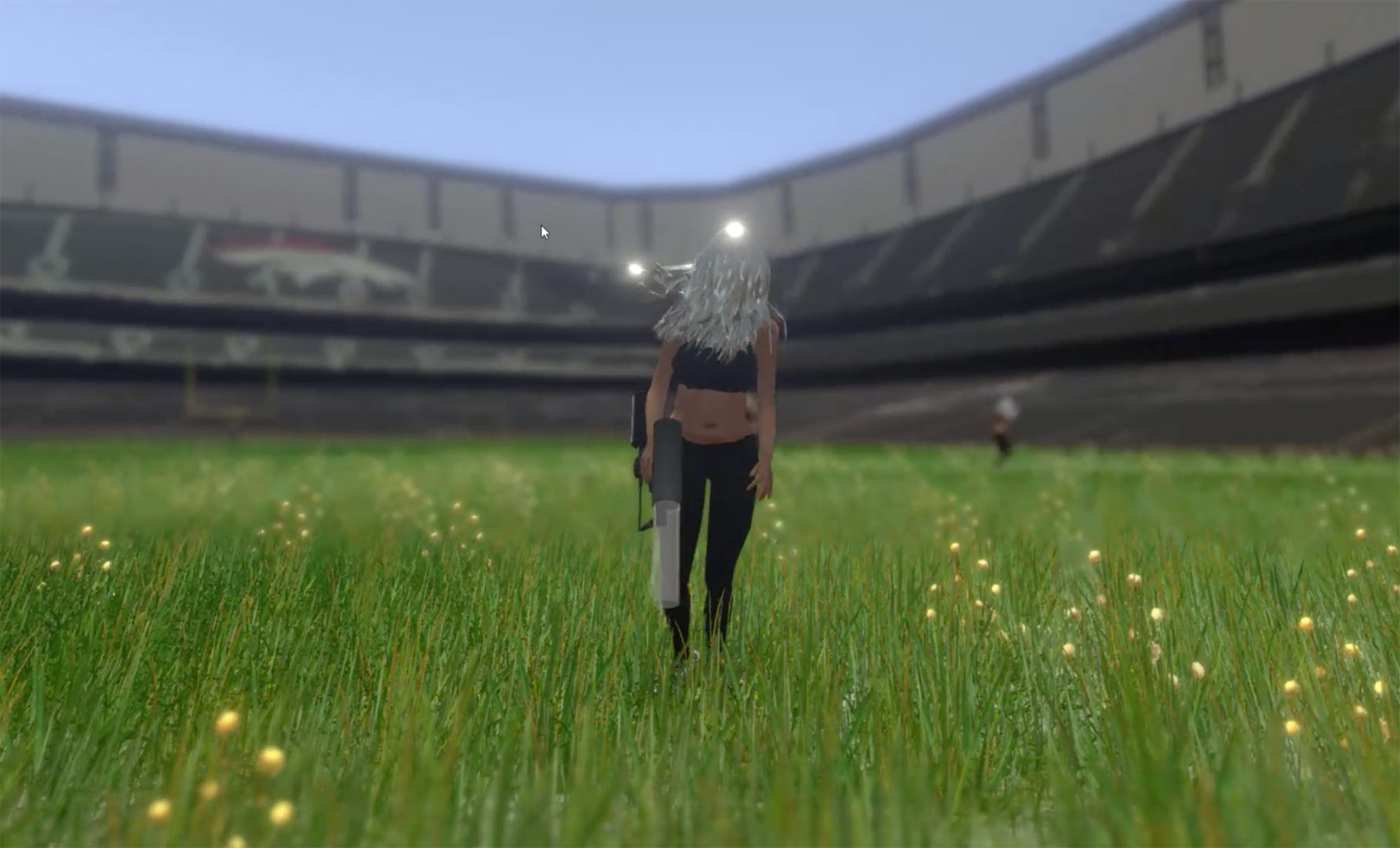 Screen capture of software performance RARA by Kristin McWharter. A Cheerleader avatar stands in an abandoned and overgrown football field.