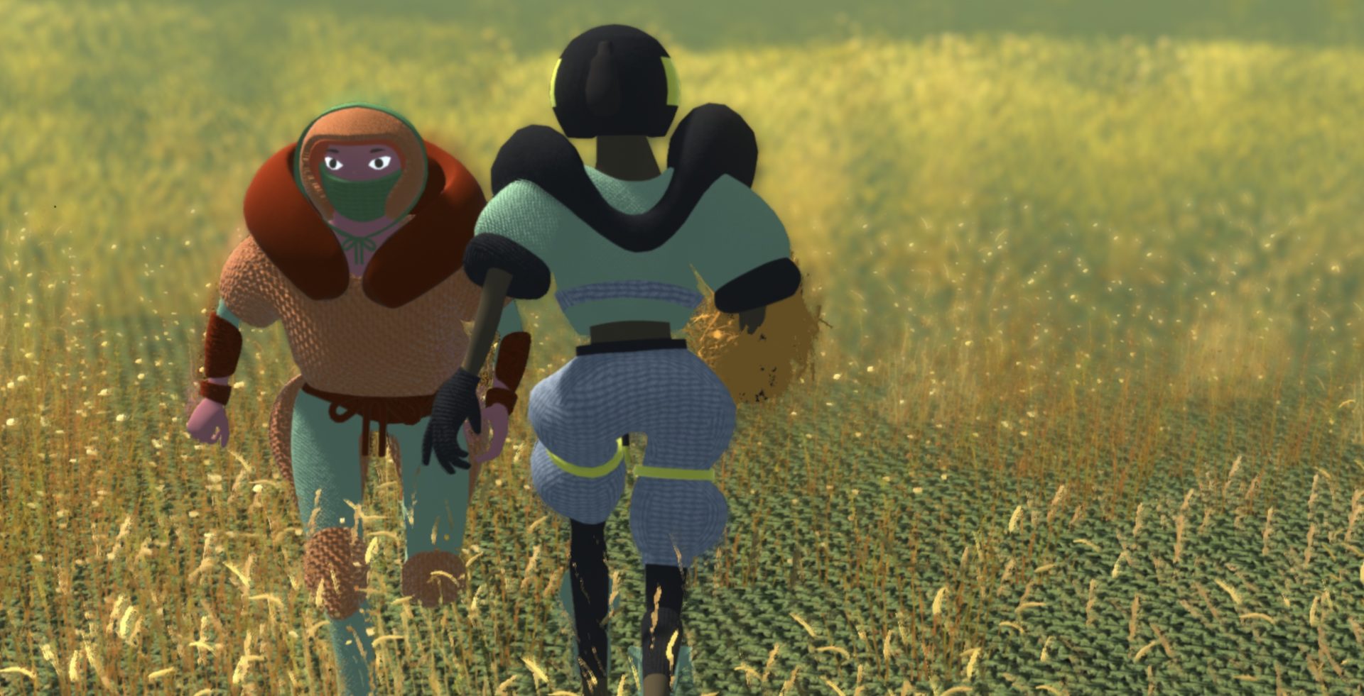 Two digital avatars on a digital grassy field. The figures are wearing American football outfits. Both the outfits and the grassy field look like they were crocheted.