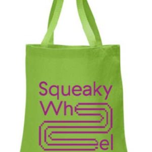 A green tote bag with the Squeaky Wheel logo.