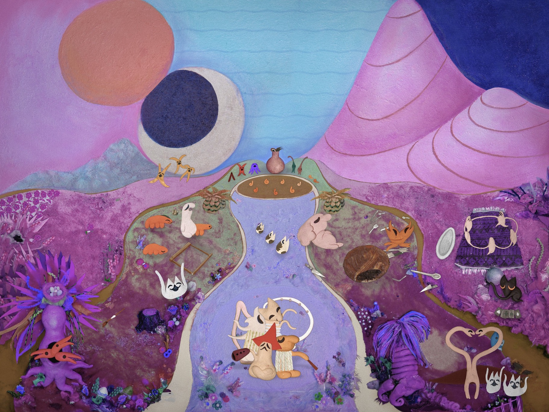 A still from Suncana Brkulj's animation Butterfly. A colorful, unrealistic. and dense landscape of cute creatures smiling or looking sad. Some are sitting next to each other, some are dancing, some have their hands up in joy. Two circles that could be the sun and moon overlook them.