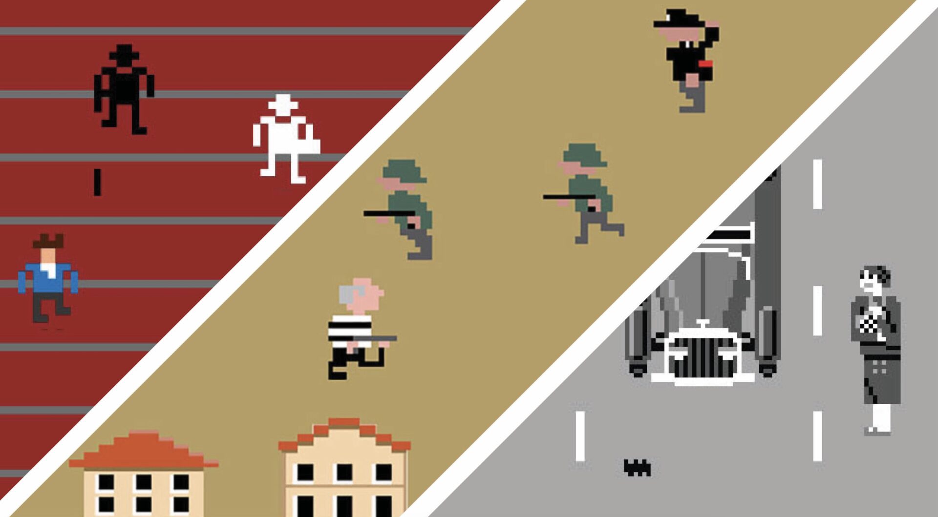 A still from Kurt Treeby, Guernica. A video game field composed of a limited number of pixels depicting apartments, a car, and people across a digital field. Some of the people are dressed like soldiers holding guns, and a black and white image of a woman in a dress.