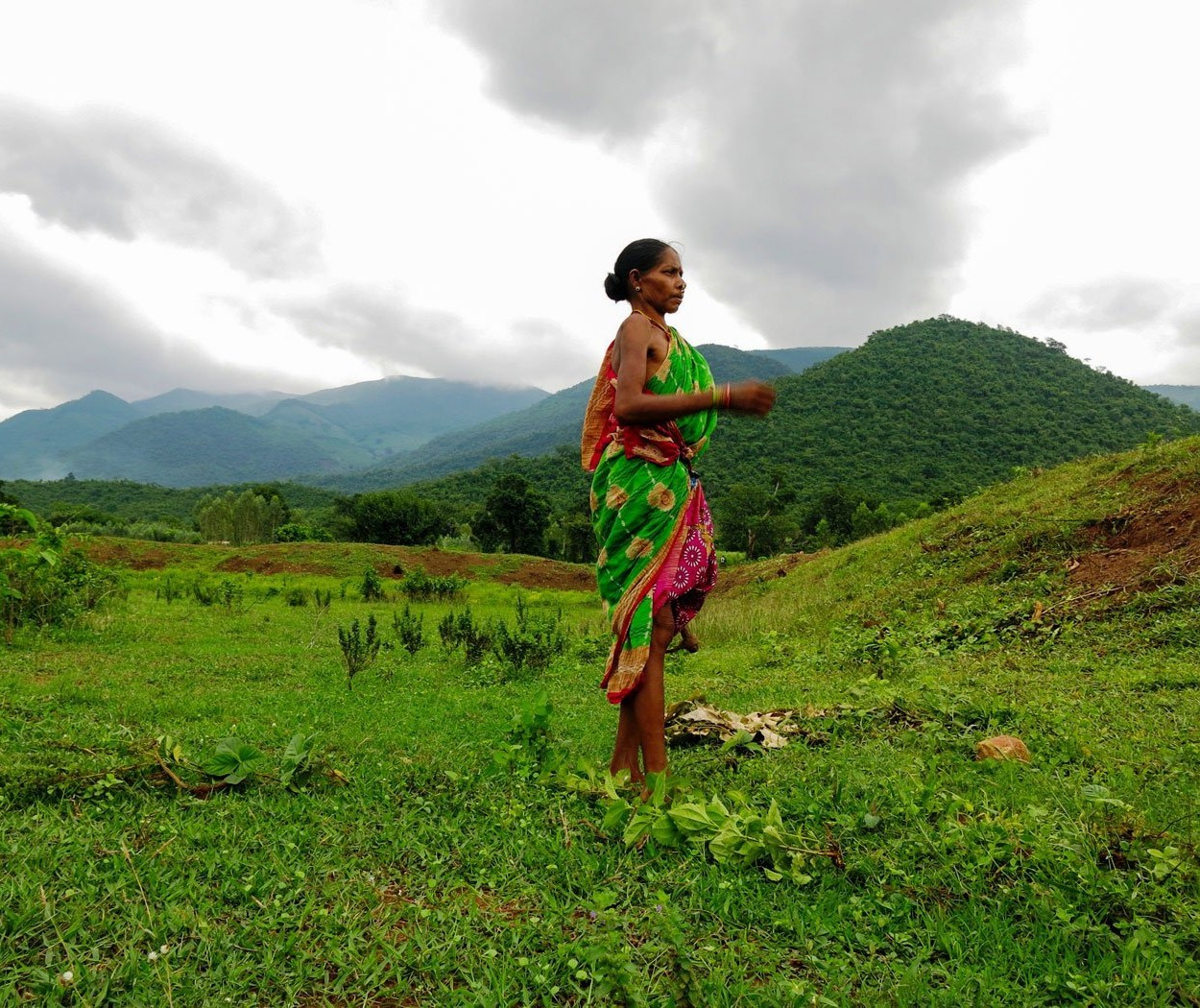 A still from the film Seed Stories. A person is standing on a green field in a mountainous terrain.