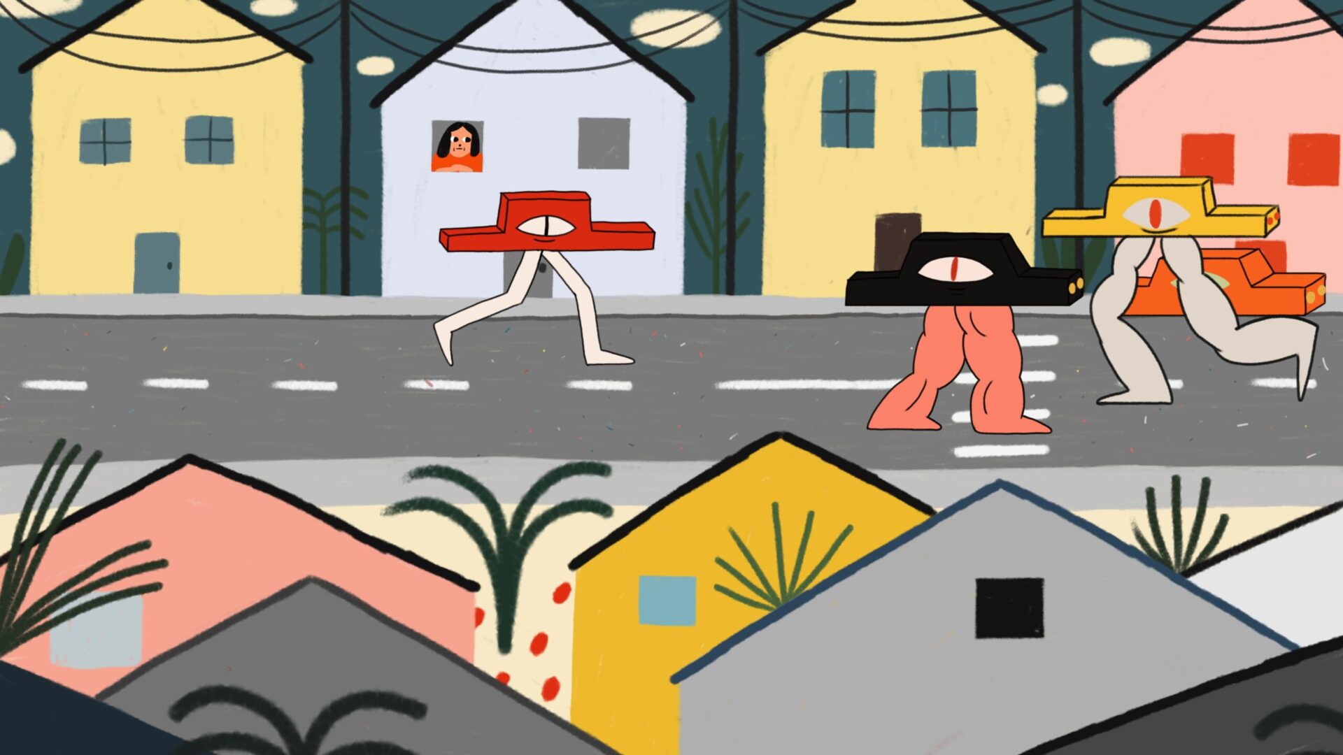 A still from Jelena Oroz's No Room. Drawings of cars with cat like single eyes and legs on a street. A person is watching them from the window.
