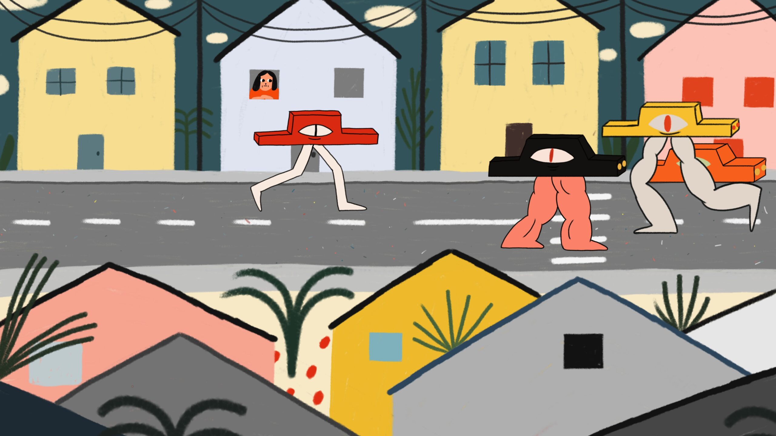 A still from Jelena Oroz's No Room. Drawings of cars with cat like single eyes and legs on a street. A person is watching them from the window.
