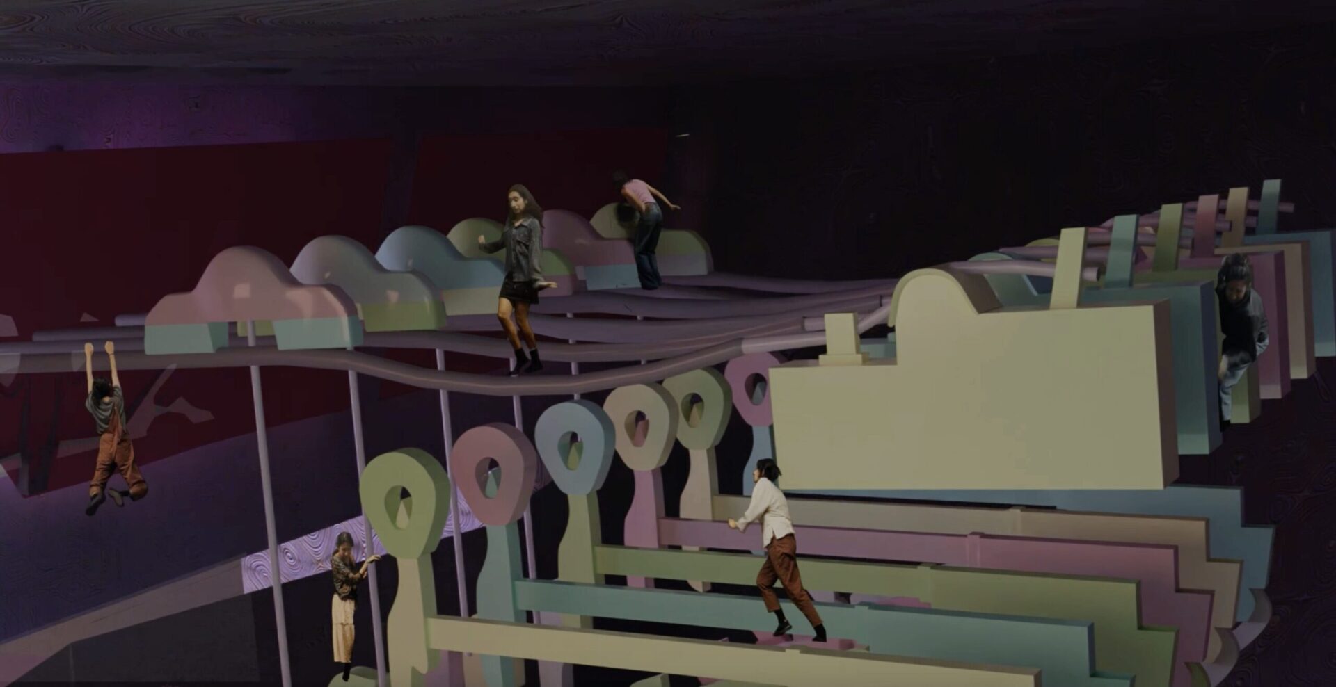 A still from an animation by Ajunie Virk of a group of people crawling along the strings, dampers, and hammers of the inside of a piano