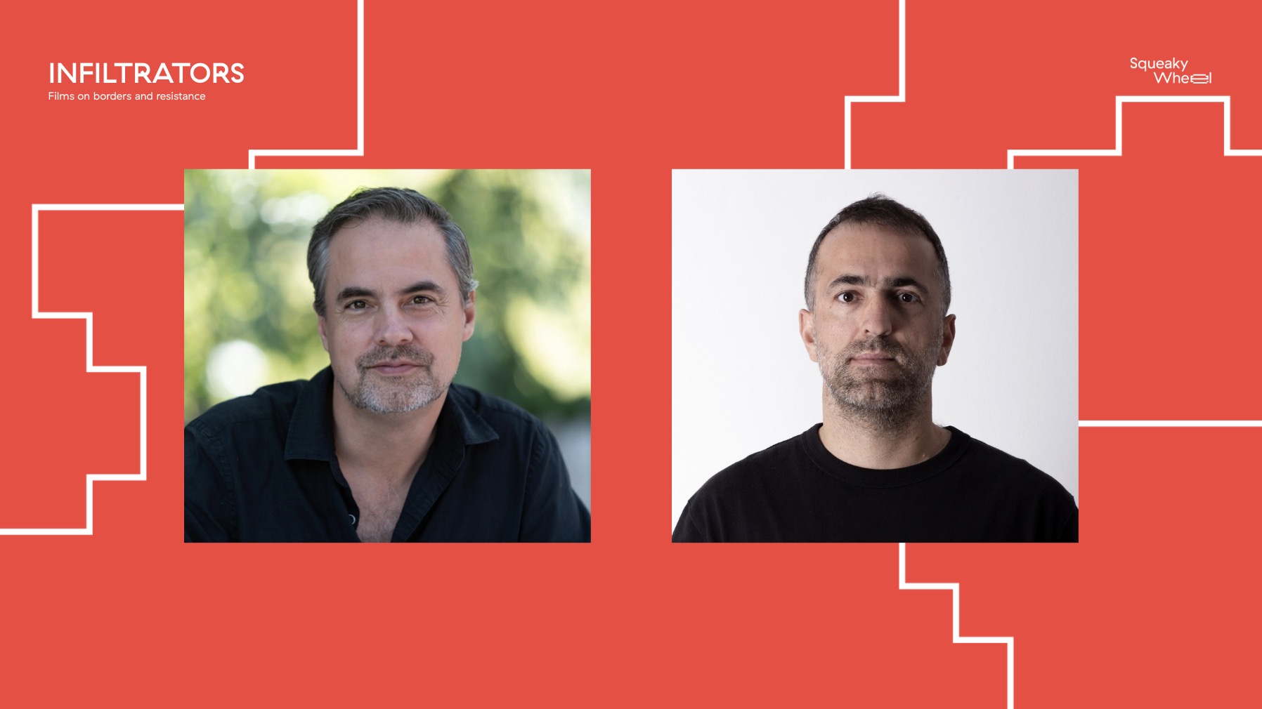 Photographs of Alex Rivera and Khaled Jarrar on a red background with white lines.